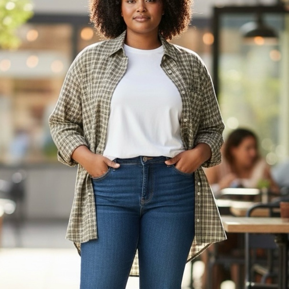 Venezia Jean Co  Women Plus size 18-20 Green Plaid Long-Sleeve Button-Up Shirt